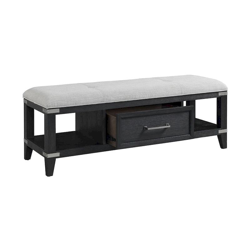 Upholstered Storage Bench with Drawer Weathered Steel Finish Dark Wood
