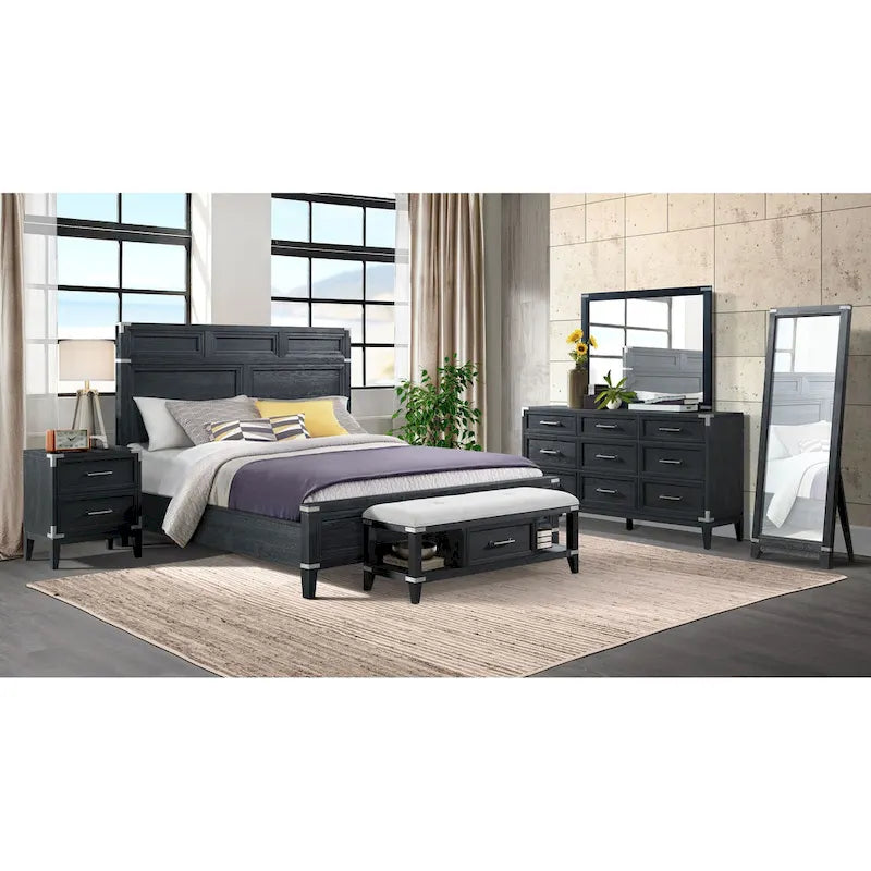 Upholstered Storage Bench with Drawer Weathered Steel Finish Dark Wood