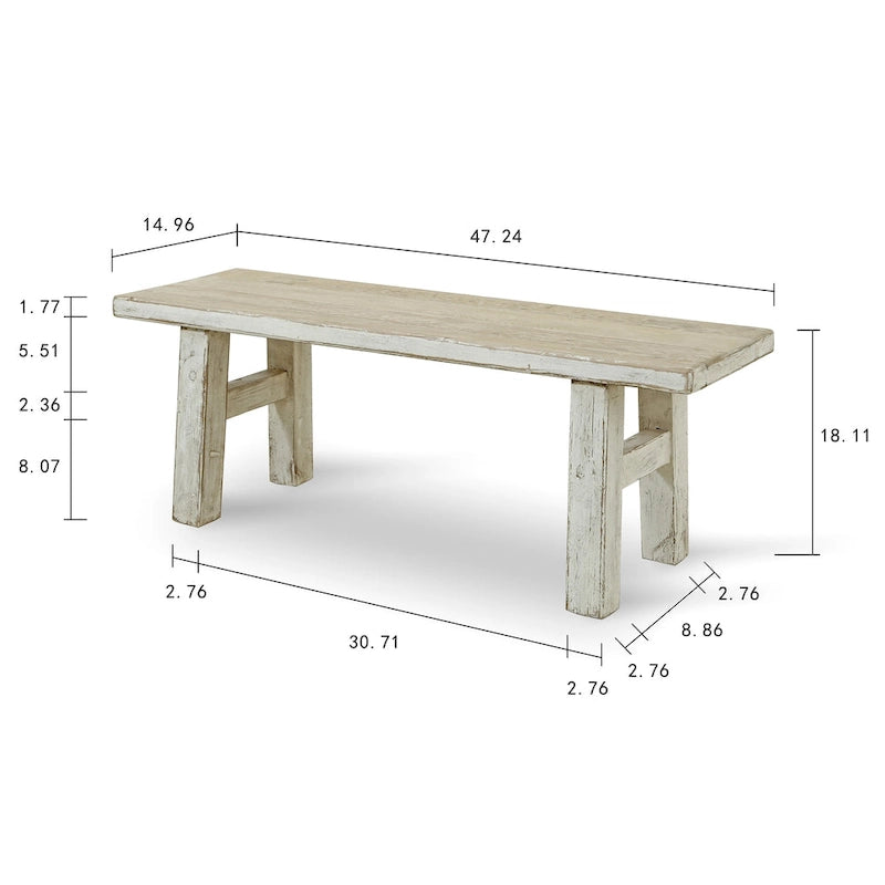 Antique White Distressed Pine Wood Indoor Bench with Weathered Finish