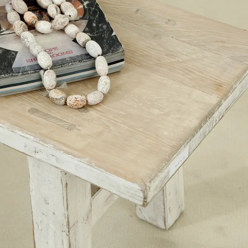 Antique White Distressed Pine Wood Indoor Bench with Weathered Finish