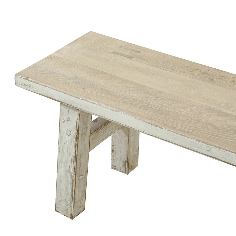 Antique White Distressed Pine Wood Indoor Bench with Weathered Finish