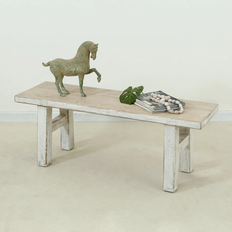 Antique White Distressed Pine Wood Indoor Bench with Weathered Finish