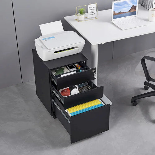 3-Drawer Mobile Steel File Cabinet with Lock and Casters, Black