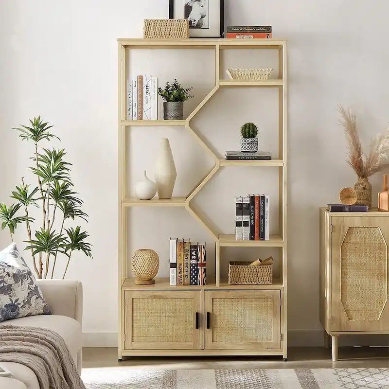 Natural Rattan Bohemian 7-Tier Bookshelf with Bottom Storage Cabinet