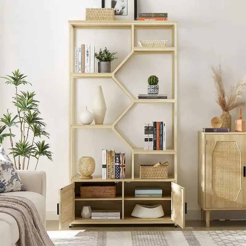 Natural Rattan Bohemian 7-Tier Bookshelf with Bottom Storage Cabinet