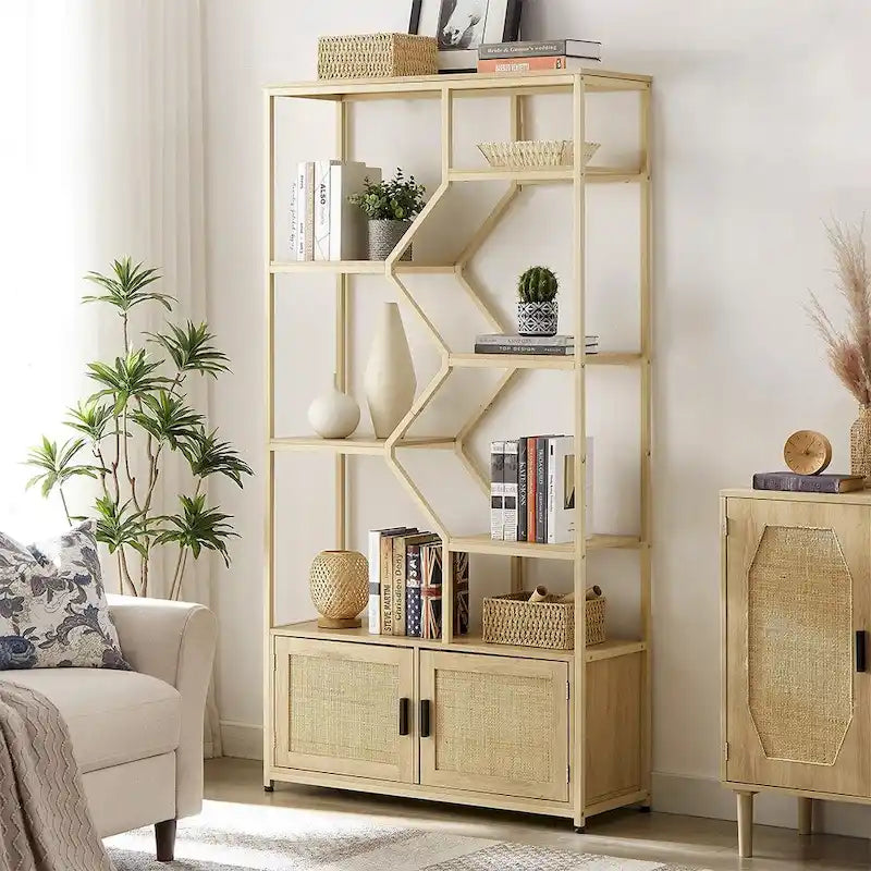 Natural Rattan Bohemian 7-Tier Bookshelf with Bottom Storage Cabinet