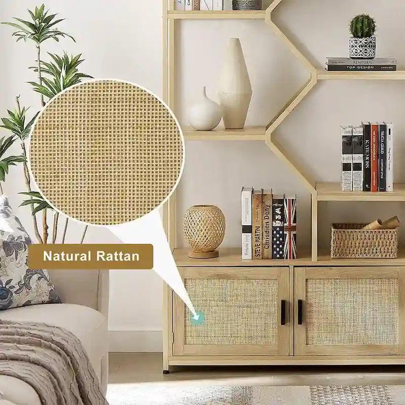 Natural Rattan Bohemian 7-Tier Bookshelf with Bottom Storage Cabinet