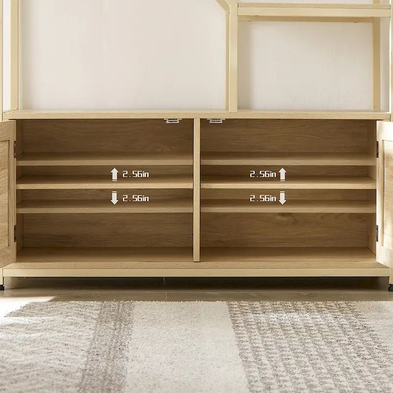 Natural Rattan Bohemian 7-Tier Bookshelf with Bottom Storage Cabinet