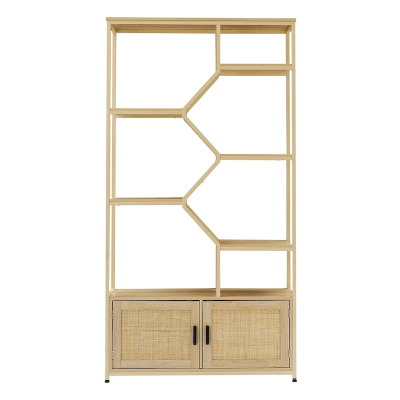 Natural Rattan Bohemian 7-Tier Bookshelf with Bottom Storage Cabinet
