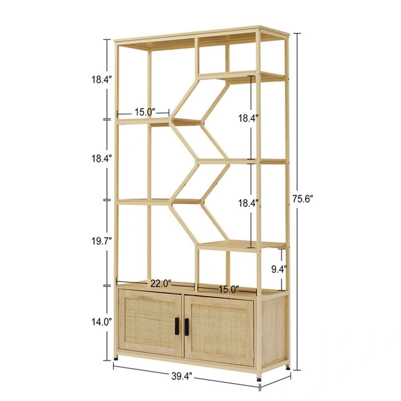 Natural Rattan Bohemian 7-Tier Bookshelf with Bottom Storage Cabinet