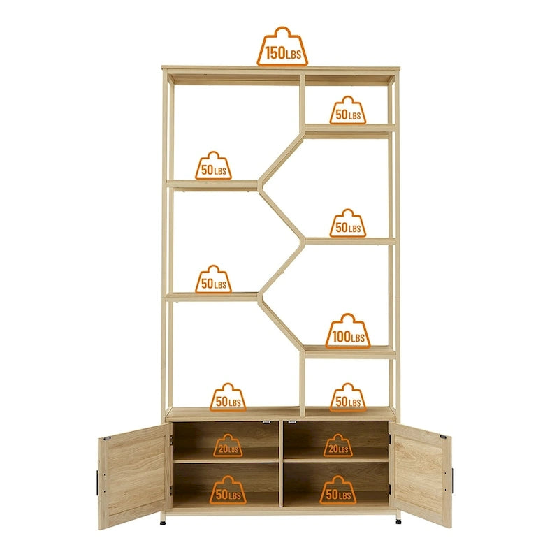 Natural Rattan Bohemian 7-Tier Bookshelf with Bottom Storage Cabinet