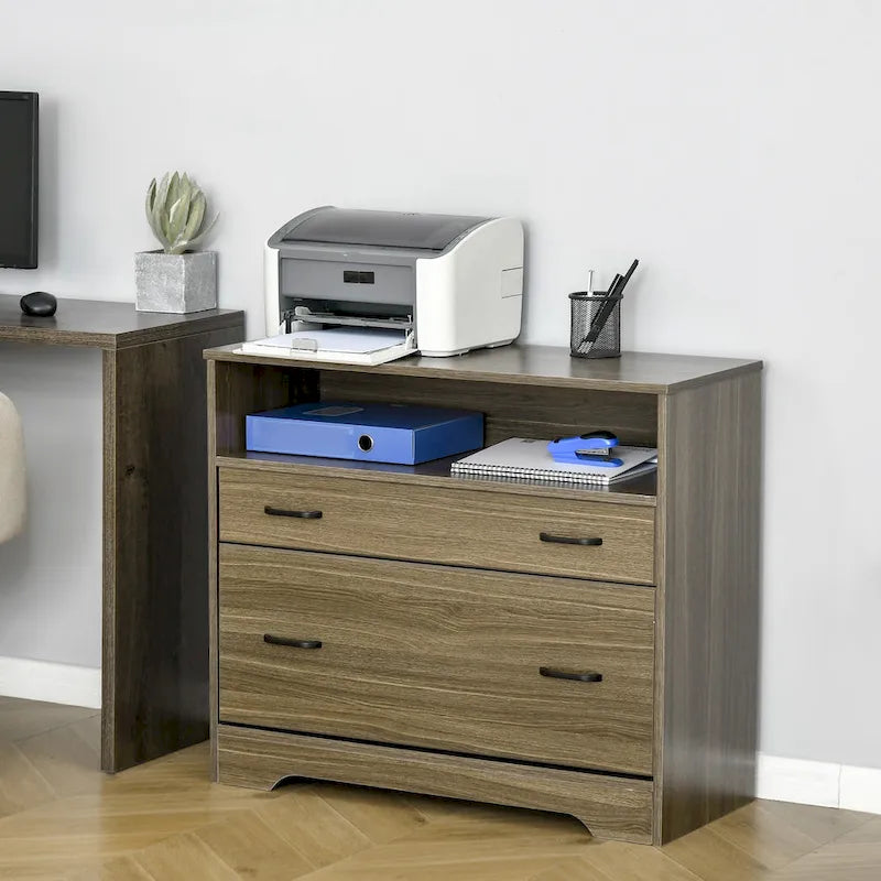 Charcoal Grey Lateral File Cabinet with Open Shelf and 2 Drawers