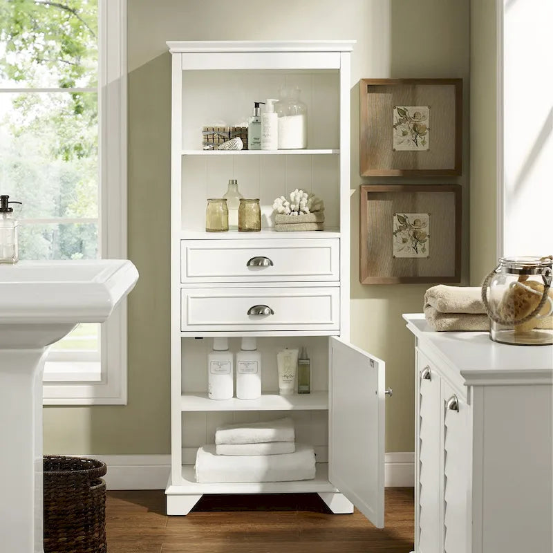Tall Bathroom Storage Cabinet with 2 Drawers Open Shelves Louvered Door White