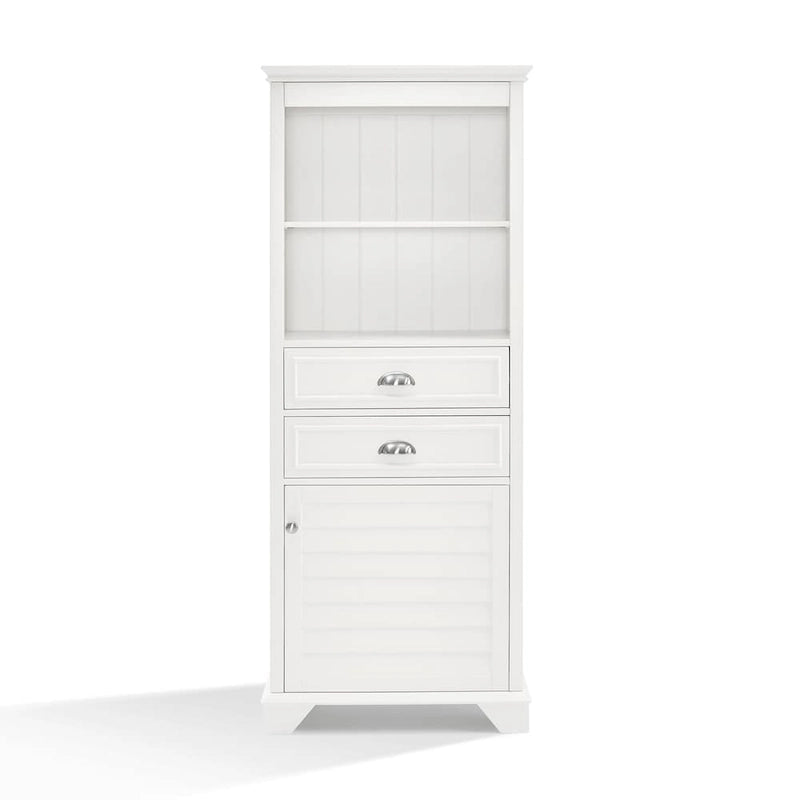 Tall Bathroom Storage Cabinet with 2 Drawers Open Shelves Louvered Door White