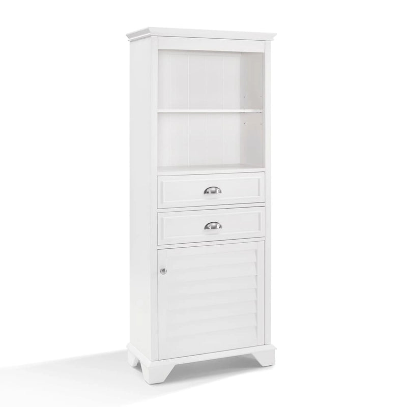 Tall Bathroom Storage Cabinet with 2 Drawers Open Shelves Louvered Door White