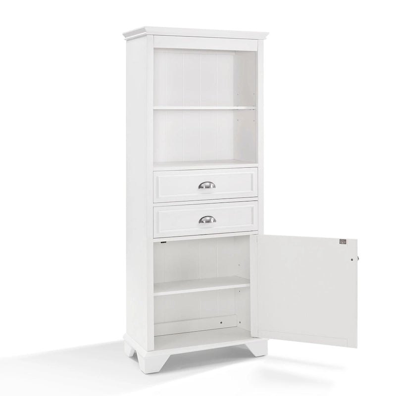 Tall Bathroom Storage Cabinet with 2 Drawers Open Shelves Louvered Door White