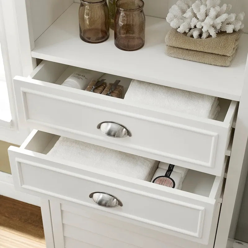 Tall Bathroom Storage Cabinet with 2 Drawers Open Shelves Louvered Door White
