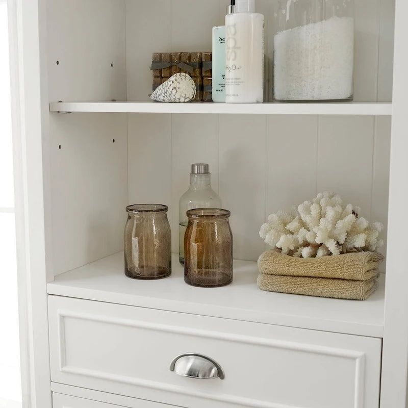 Tall Bathroom Storage Cabinet with 2 Drawers Open Shelves Louvered Door White
