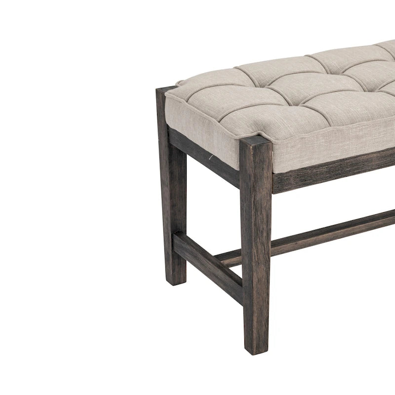 Cream Tufted Upholstered Bench with Dark Wood Legs and Stretcher Base