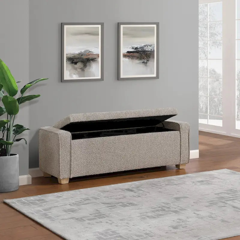 Gepolsterte Sitzbank mit Knopfheftung, Stauraum und Soft-Close-Deckel, neutraler Stoff