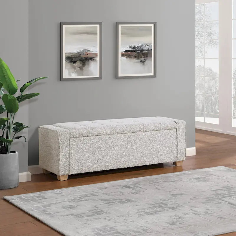 Gepolsterte Sitzbank mit Knopfheftung, Stauraum und Soft-Close-Deckel, neutraler Stoff