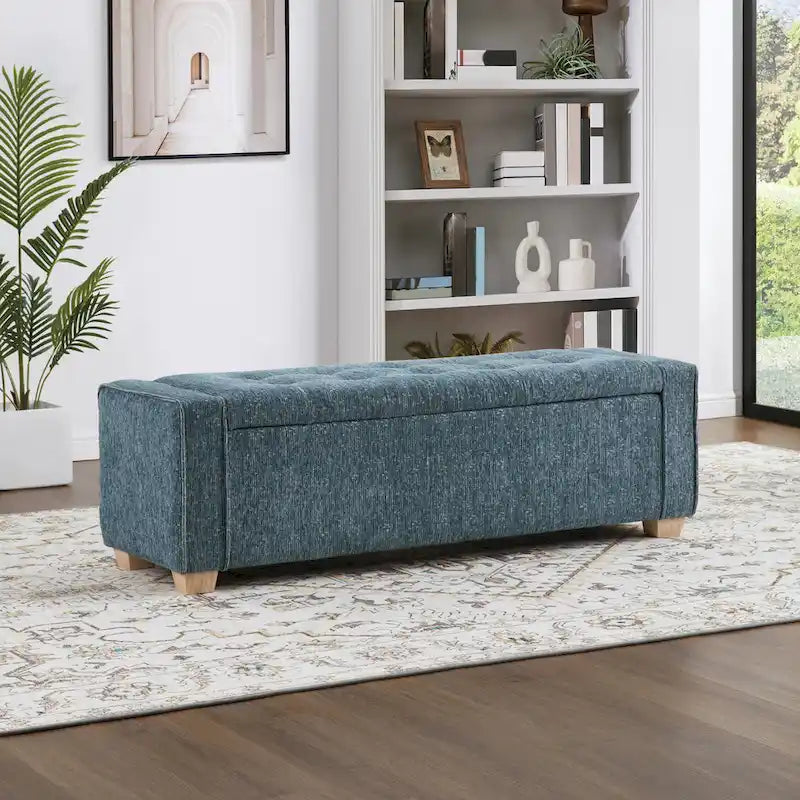 Gepolsterte Sitzbank mit Knopfheftung, Stauraum und Soft-Close-Deckel, neutraler Stoff
