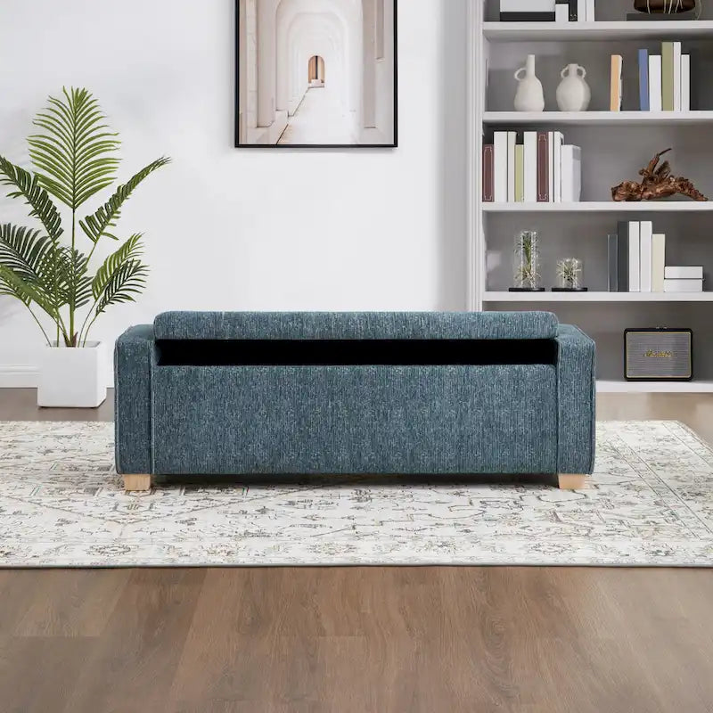 Gepolsterte Sitzbank mit Knopfheftung, Stauraum und Soft-Close-Deckel, neutraler Stoff