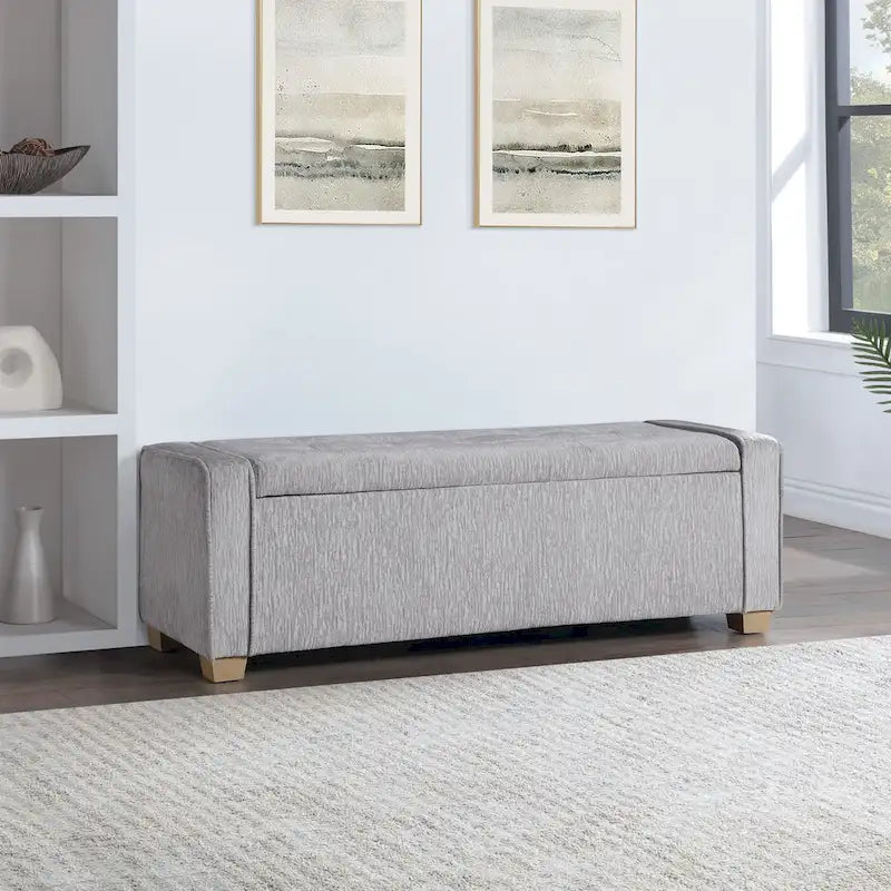 Gepolsterte Sitzbank mit Knopfheftung, Stauraum und Soft-Close-Deckel, neutraler Stoff
