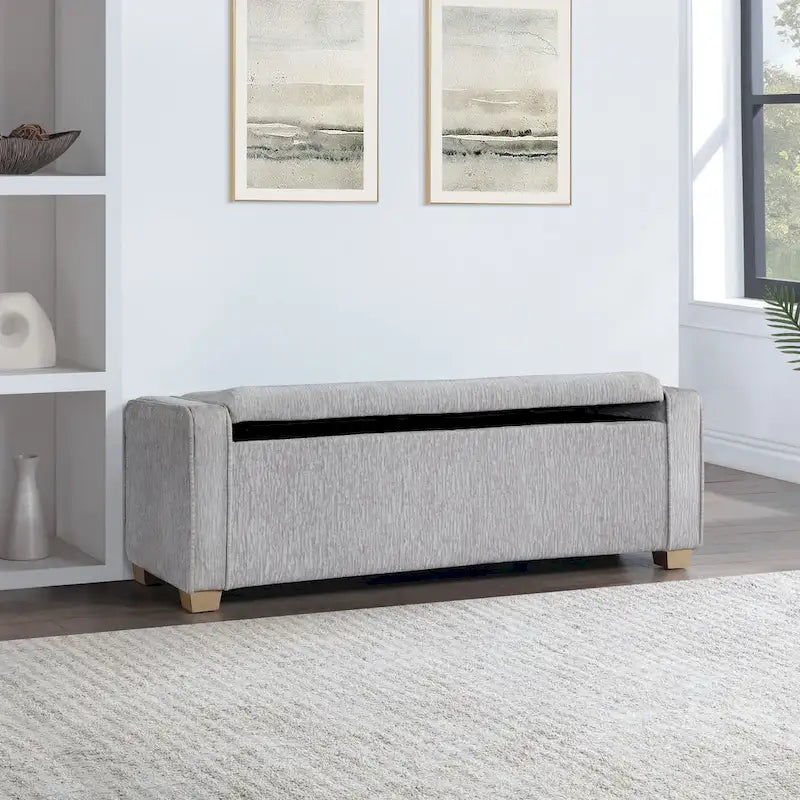 Gepolsterte Sitzbank mit Knopfheftung, Stauraum und Soft-Close-Deckel, neutraler Stoff
