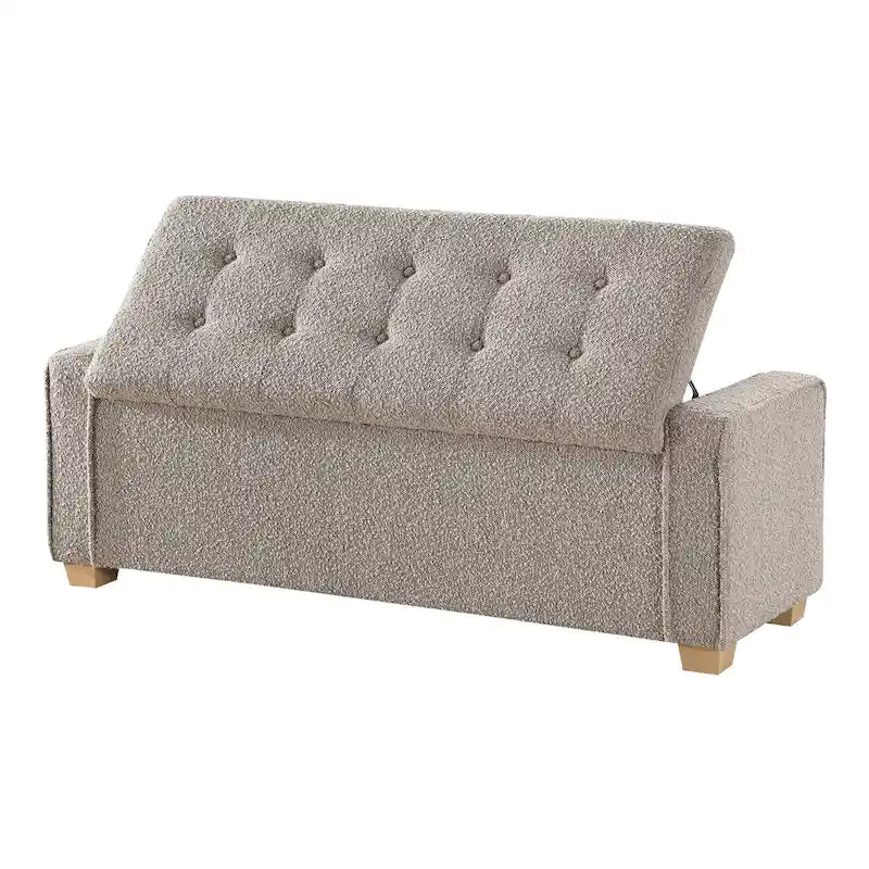 Gepolsterte Sitzbank mit Knopfheftung, Stauraum und Soft-Close-Deckel, neutraler Stoff