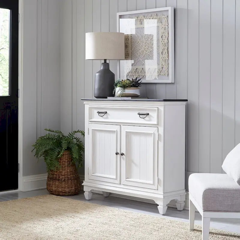 Wire Brushed White Two-Door Accent Hall Console with Charcoal Top