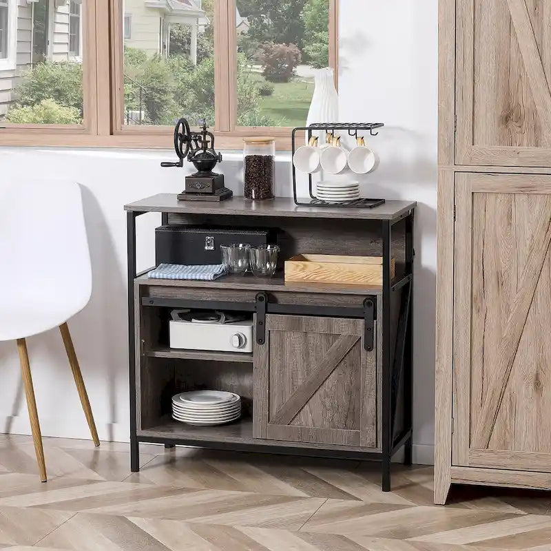 Farmhouse Buffet Cabinet Kitchen Sideboard Sliding Barn Door Grey Storage