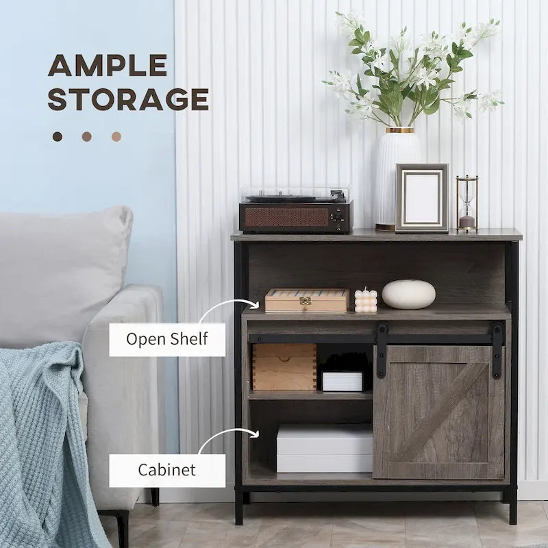 Farmhouse Buffet Cabinet Kitchen Sideboard Sliding Barn Door Grey Storage