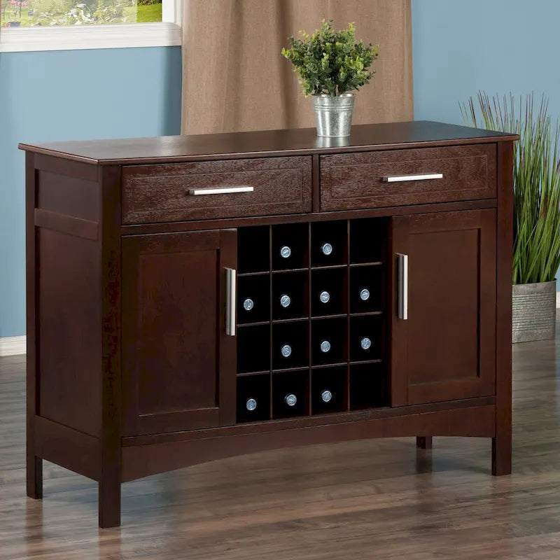Cappuccino Solid Wood Buffet Cabinet with Wine Grid and Storage Drawers