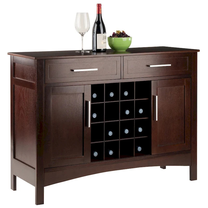 Cappuccino Solid Wood Buffet Cabinet with Wine Grid and Storage Drawers