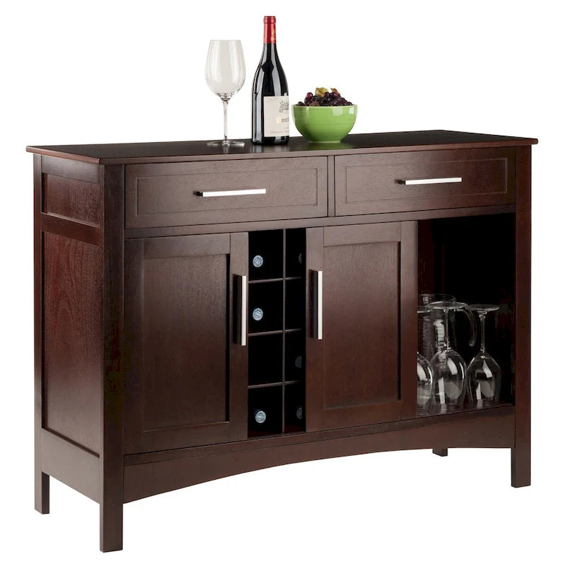 Cappuccino Solid Wood Buffet Cabinet with Wine Grid and Storage Drawers