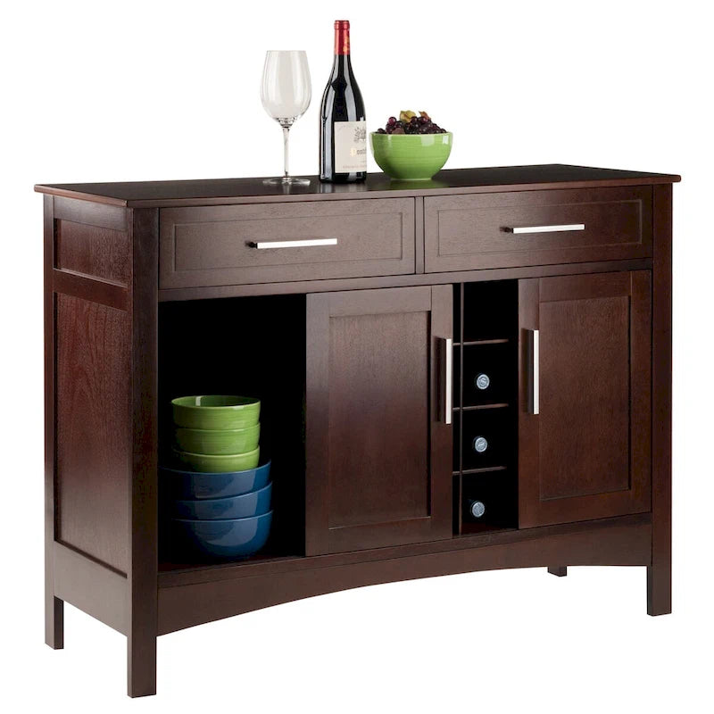 Cappuccino Solid Wood Buffet Cabinet with Wine Grid and Storage Drawers