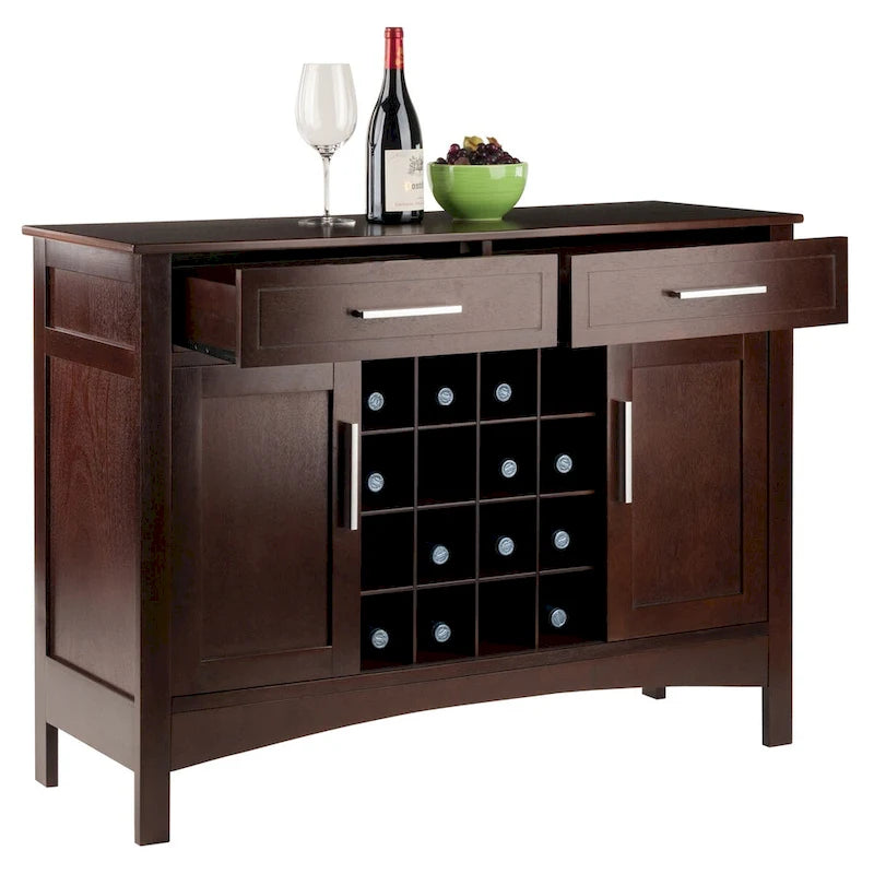 Cappuccino Solid Wood Buffet Cabinet with Wine Grid and Storage Drawers
