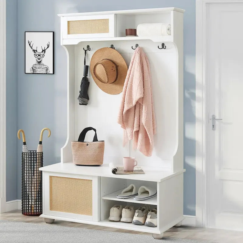 Farmhouse Entryway Hall Tree with Rattan Sliding Doors Bench and Hooks White