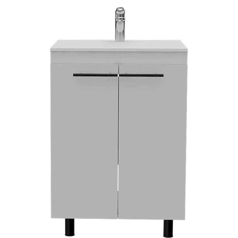 Weißer Barschrank mit Weinregal, mehreren Fächern und Rollen
