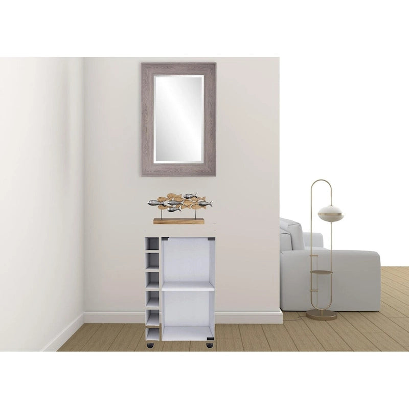 Weißer Barschrank mit Weinregal, mehreren Fächern und Rollen