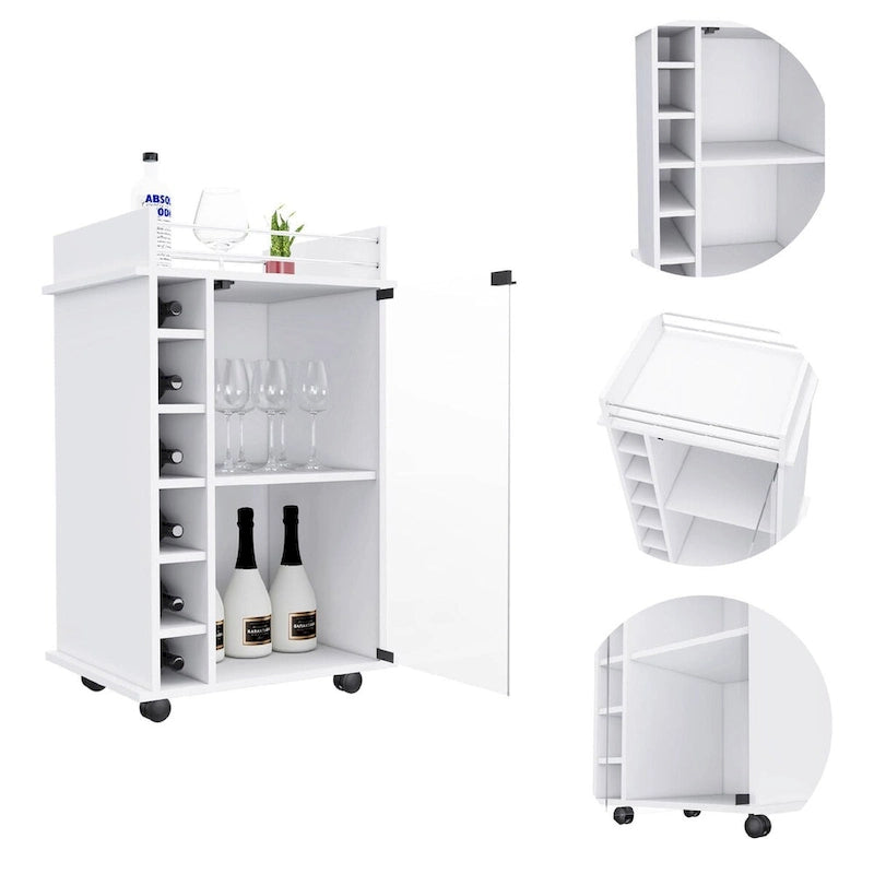 Weißer Barschrank mit Weinregal, mehreren Fächern und Rollen