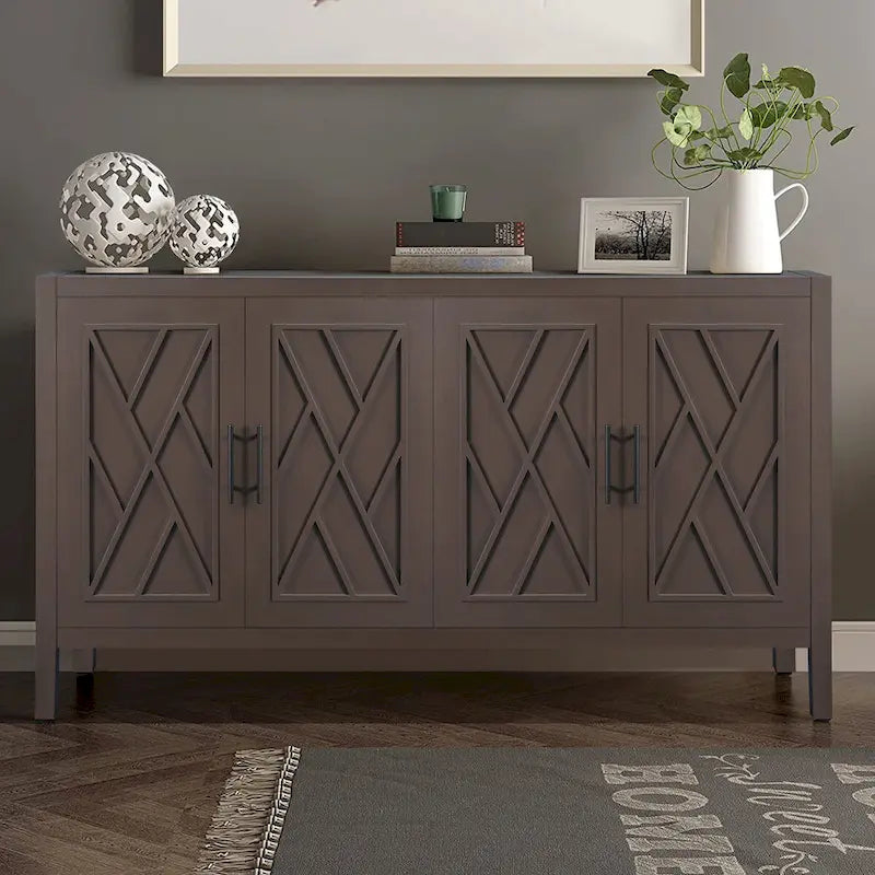 4-Door Fir Wood Geometric Lattice Coffee Brown Storage Sideboard Cabinet
