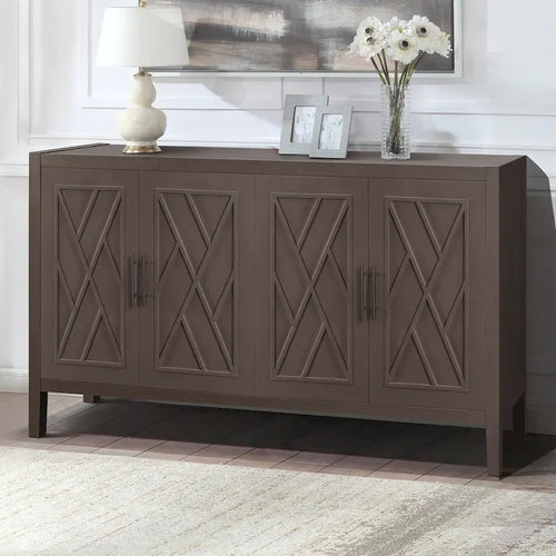4-Door Fir Wood Geometric Lattice Coffee Brown Storage Sideboard Cabinet