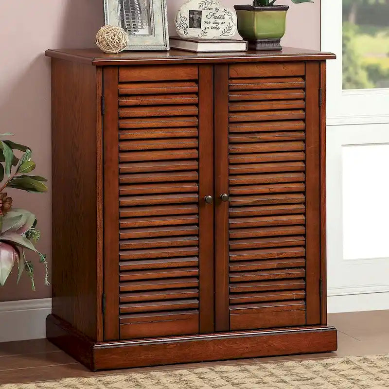 Transitional Louvered Door Shoe Cabinet with Adjustable Shelves, Espresso & Oak