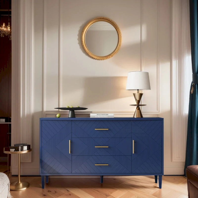 Navy Blue 2-Door 3-Drawer Carved Storage Cabinet with Gold Handles