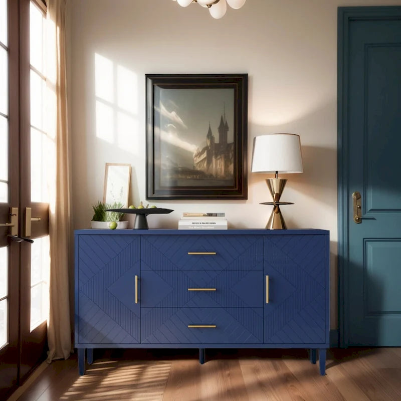 Navy Blue 2-Door 3-Drawer Carved Storage Cabinet with Gold Handles