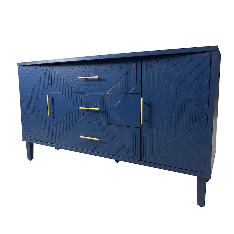 Navy Blue 2-Door 3-Drawer Carved Storage Cabinet with Gold Handles