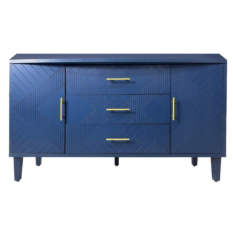 Navy Blue 2-Door 3-Drawer Carved Storage Cabinet with Gold Handles
