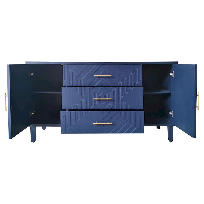 Navy Blue 2-Door 3-Drawer Carved Storage Cabinet with Gold Handles